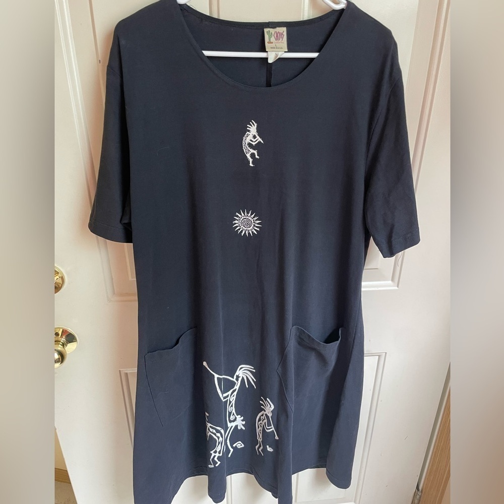 Vintage CACTUS California Kokopelli short Sleeve Maxi Shirt Dress Black USA